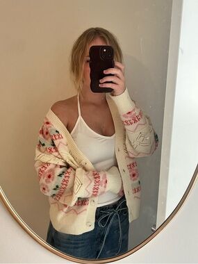 SOLD Floral Fair Isle V-Neck Cardigan in Cream and Pink